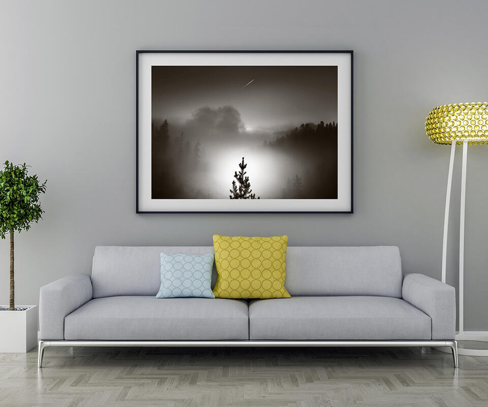 Blank picture frame and sofa with interior plant and lamp print