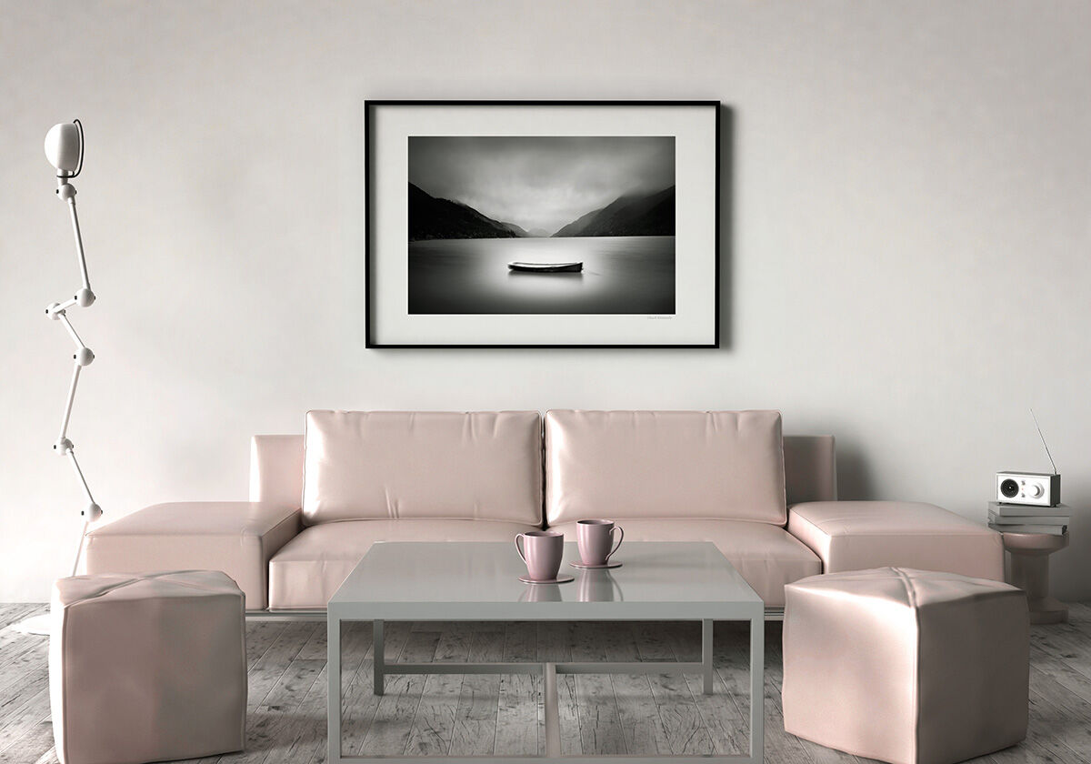 Living room, sofa, two stool and table. On the wall of an empty picture frame. 3D illustration